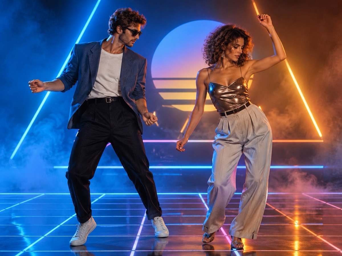 Retro-80er-Neonbühne mit zwei tanzenden Erwachsenen unter geometrischem Licht