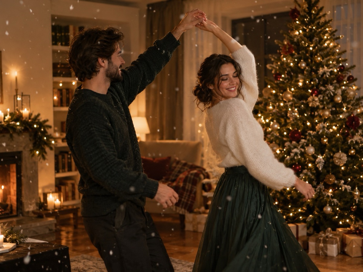 Gemütliches Weihnachtswohnzimmer mit geschmücktem Baum und zwei tanzenden Erwachsenen