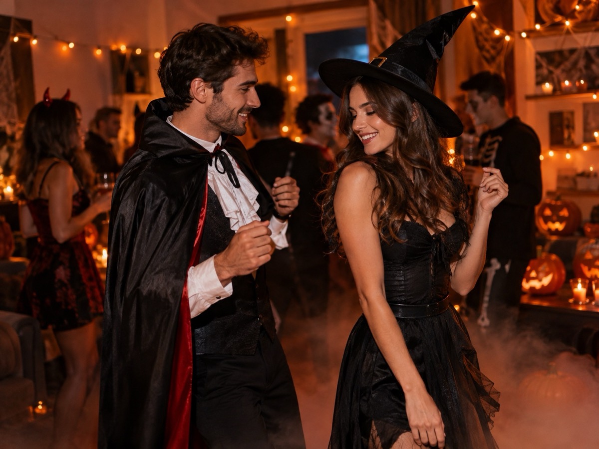 Halloween-Party-Szene mit geschnitzten Kürbissen und zwei tanzenden Erwachsenen